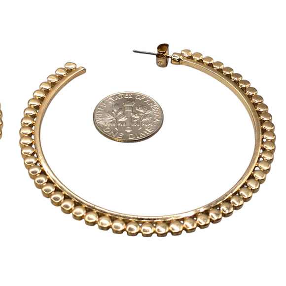 Earrings Gold Tone Beaded Hoop Womens Large Statement Textured Round SKU2404 - Picture 5 of 8